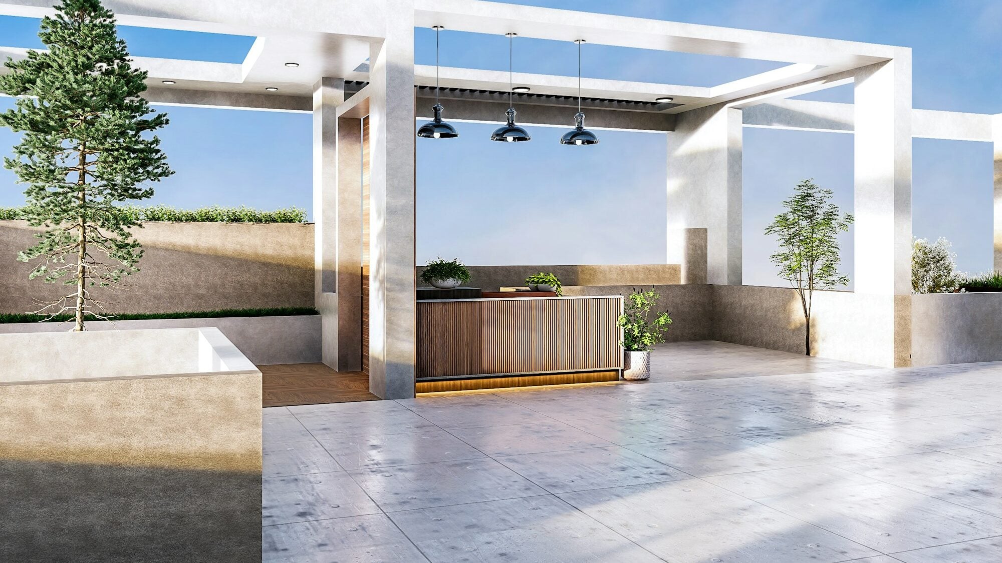 Bílá pergola nad terasou s venkovním barem