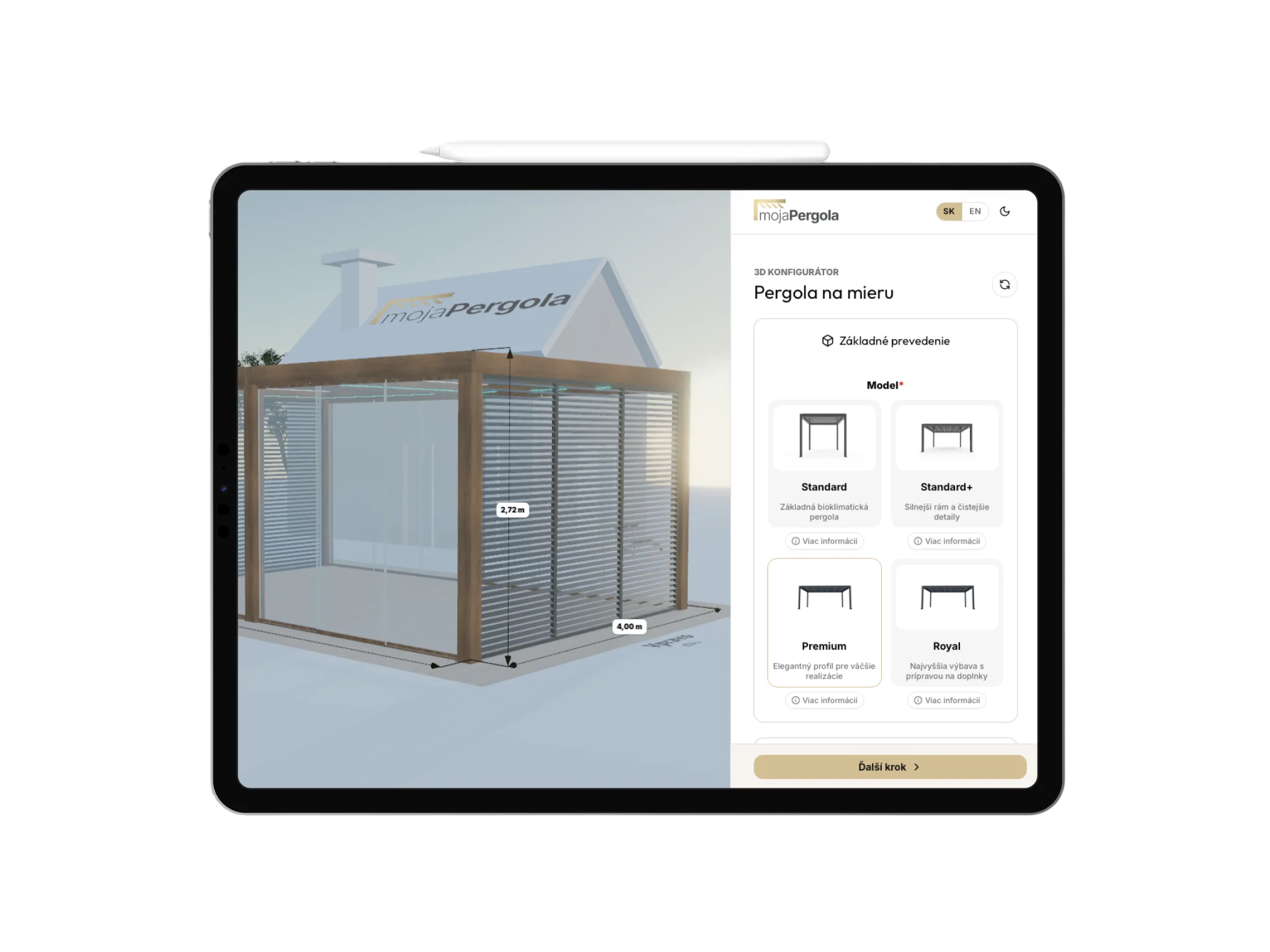 Konfigurátor Moja Pergola na tablete: 3D pergola s rozmermi 4,00 × 2,72 m a otvoreným výberom modelu.