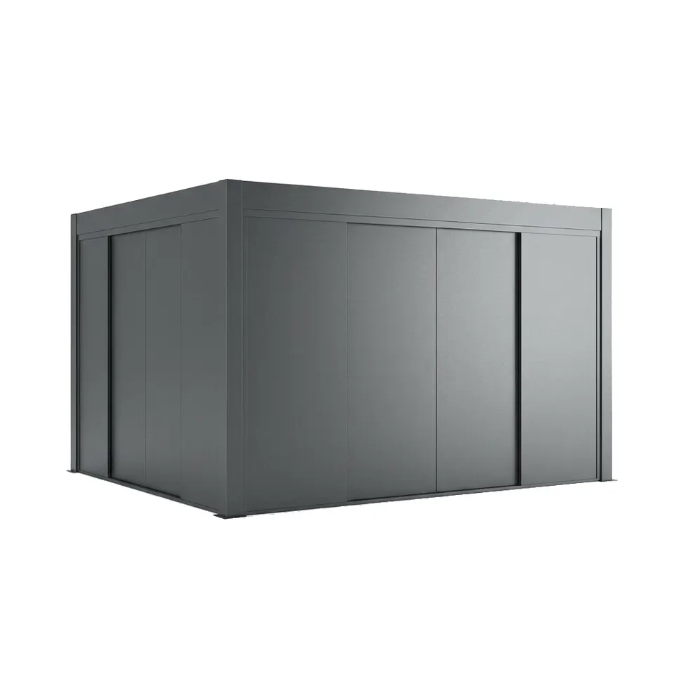 Izolovaný 3D katalógový náhľad pergoly s plnými posuvnými hliníkovými bočnými stenami