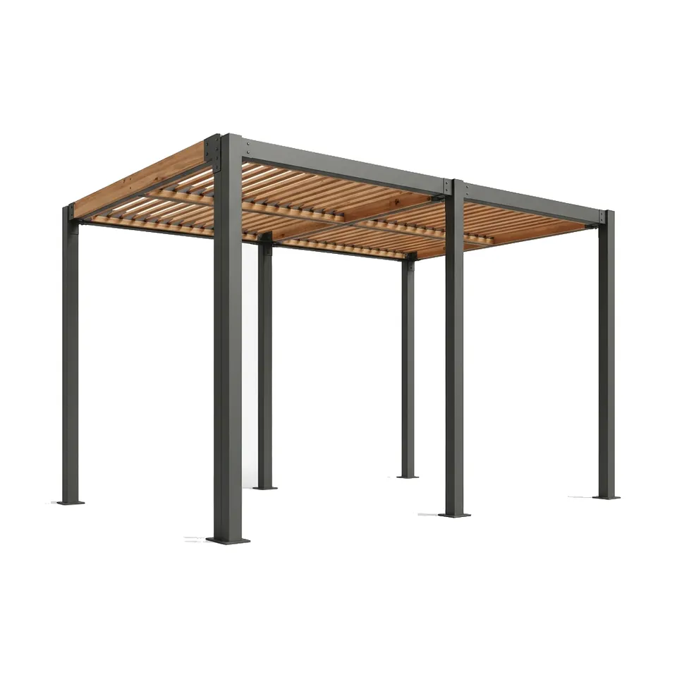 Isolated 3D catalogue view of a pergola with roof louvers partly retracted into their stacking zone